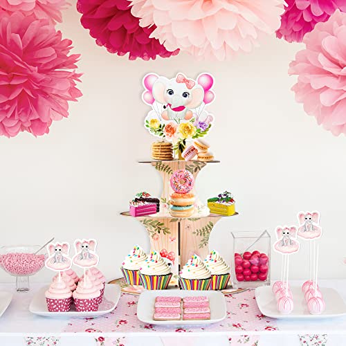 Haooryx Pink Floral Elephant Cupcake Stand Party Decorations, 3 Tier Pink Cupcake Tower Cardboard Floral Elephant Balloons Dessert Holder For Girls Themed Birthday Party Baby Shower Table Supplies #TOP3