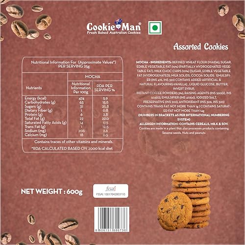 Image of CookieMan Mocha Coffee Cookies with Choco Chips Tin Box, 600g | Coffee Time Cookies Snack | Gift Hamper For Friends & Family | Freshly Baked Australian Cookies