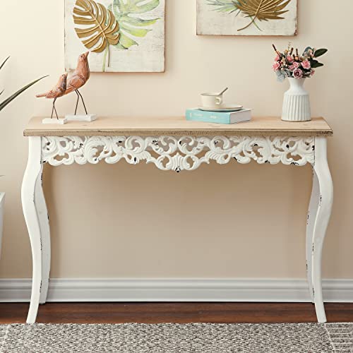 Luxenhome 46" Wood Decorative Console Table, Vintage French Country Entry Table, Farmhouse Antique Sofa Table With Wood Carvings, Woodgrain/Off-White #TOP8