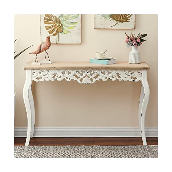 LuxenHome 46" Wood Decorative Console Table, Vintage French Country Entry Table, Farmhouse Antique Sofa Table with Wood Carvings, Woodgrain/Off-White