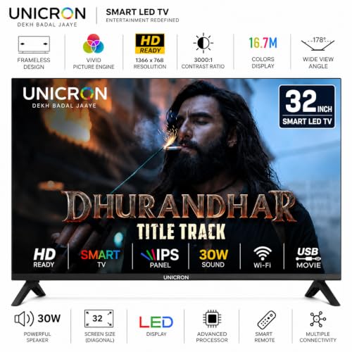 Image of UNICRON 32 inch smart tv Android Frameless Smart LED TV HD Ready Built-in WiFi | HDMI & USB Connectivity | Built-in Apps Compatible,YouTube, Netflix, Prime Video More (Black)
