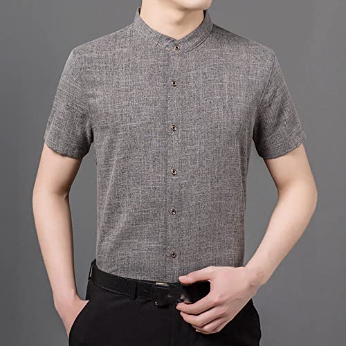 Chemise hawaïenne en coton lin gris foncé à col montant pour hommes