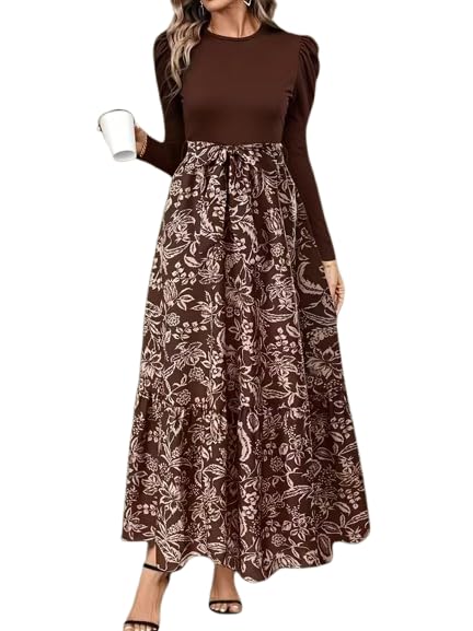 hkv Women's Long Sleeve Maxi Dress, Brown Floral Print, Round Neck, Puff Sleeves, Belted Waist-picture-34