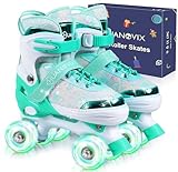 Huanovix Roller Skates for Kids, 4 Size Adjustable Rollerskates with Light Up Wheels, 10C to 6 Beginner Youth Roller Skates for Girls Boys Toddlers Indoor Outdoor, Teal, Small