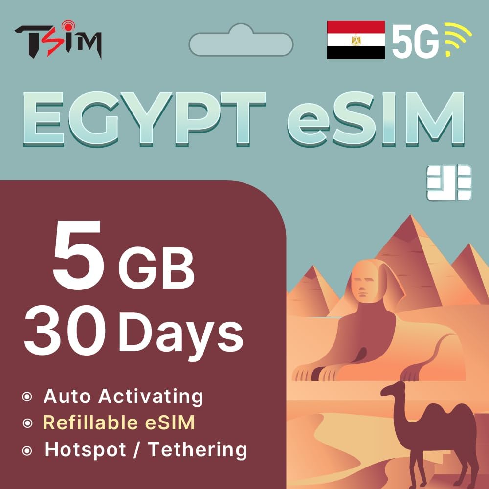 TSIM Egypt eSIM 30 Days | 15GB High Speed Data | Auto Activating | Hotspot Sharing Allowed | eSIM QR Code Sent by email Within 24Hrs of Shipping | Scan QR Code and use Immediately | Data Only No Voice