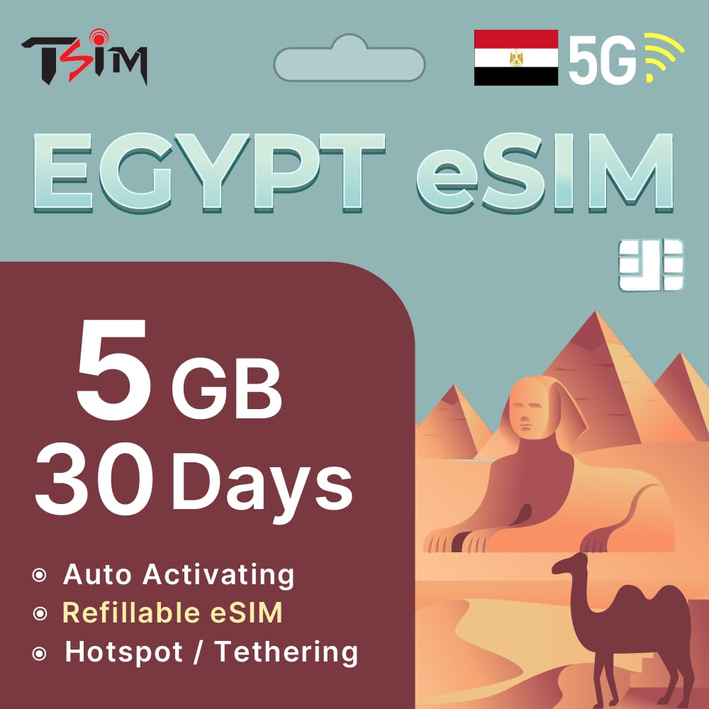 TSIM Egypt eSIM 30 Days | 5GB High Speed Data | Auto Activating | Hotspot Sharing Allowed | eSIM QR Code Sent by email Within 24Hrs of Shipping | Scan QR Code and use Immediately | Data Only No Voice