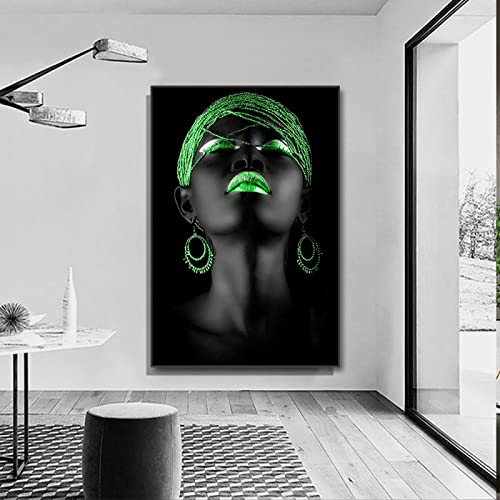 Peinture femme africaine sur toile verte 60x90cm pour une ambiance zen