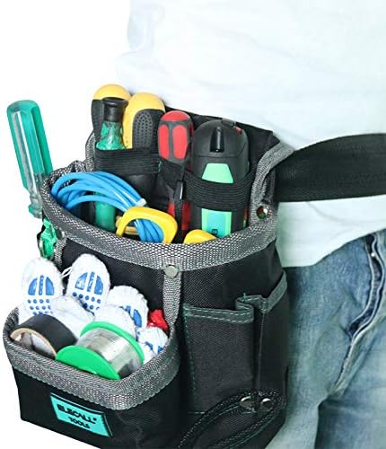 ELECALL Black Tool Pouch Bag with 6 Multiple Pockets Electrician Tool Belt Pouches and Heavy Duty Oxford Material Waist Tool Bag for Men 9"×8"