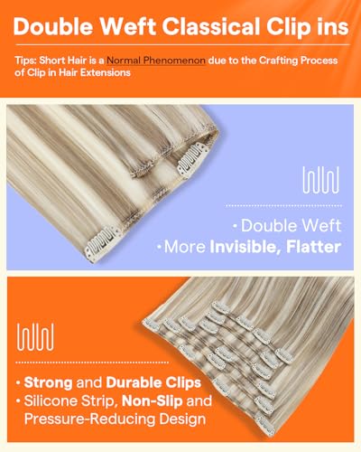 Image of Full Shine Clip in Hair Extensions Blonde Highlights | Real Hair Extensions Clip in Human Hair, Color 16P22 Golden Blonde Highlighted, Straight, Full Head, 7 Pcs 22 Inch 120g
