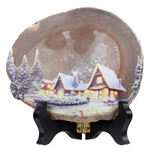 KYEYGWO Natural Irregular Agate Slice Painting Decor with Wooden Stand Agate Geode Slab for Desk Hallway Snowy Night