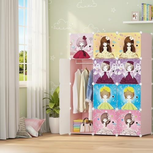 Image of KRISHYAM Kids Modular Storage Cabinet with Cartoon Princess Print Doors, 12 Cube Plastic Wardrobe Organizer, DIY Closet System with Hanging Rod, Toy & Clothes Storage (Barbie Print, 12 Box)