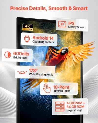 Image of VEVOR 65 in Indoor Digital Signage 4K Floor Stand Advertising Display Kiosk, WiFi HDMI /USB Input Android OS, 178 Wide View, LCD Touchscreen Interactive Monitor, Mobile Commercial Totem Poster