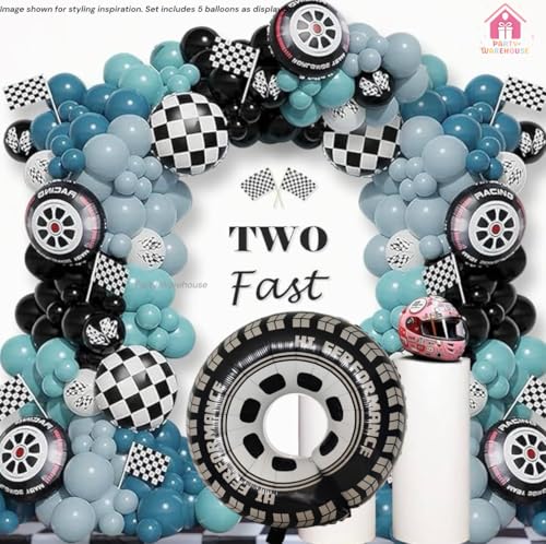 Image of Party Warehouse Racing Car Balloon Set for Birthday - 5 Pieces | Race Car Theme Foil Balloons for Race Lovers | Tyre & Checkered Flag Balloons for Kids /Adults Party Decorations (Tyres Set)