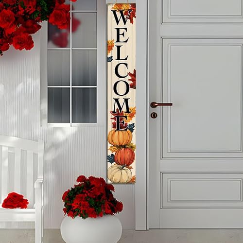 Fall Welcome Sign For Front Porch Pumpkin Thanksgiving Door Decoration Wooden Vertical Standing Board Front Door Porch Seasonal Farmhouse Wood Garden Decor 8x32inch