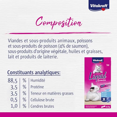 Vitakraft Liquid Snack, Snack cremoso para Gatos, con salmón y ácidos grasos Omega 3, en bolsitas Individuales, para una Piel Sana (1 Paquete de 6X 15g) - imagen 3