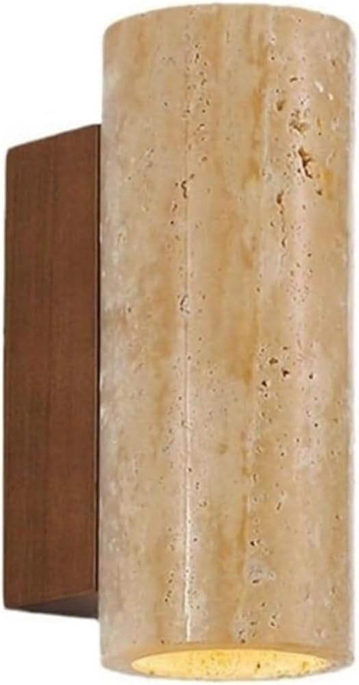 Wall Sconce Cylindrical Minimalist Yellow Travertine Stone Solid Wood Downlight Lamp Fixture for Bedroom Hallway Living Room