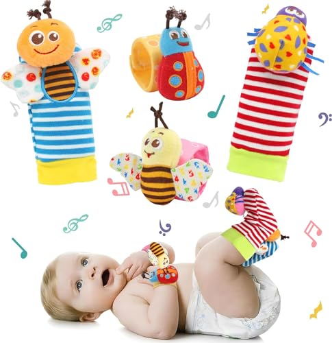 Image of LAMMAZ Baby Soft Rattle, Baby Infant Wrists Rattle and Foot Rattles Finders Socks Set Developmental Soft Toys for Newborn (4 PCS -BR)