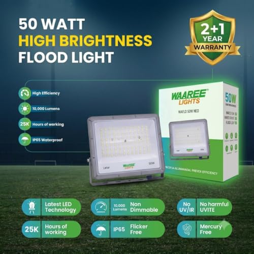 Image of WAAREE 50W LED Flood Light Outdoor Waterproof IP65 | 5000 Lumens High Brightness | Energy Efficient Aluminum Body | Wall Mount Security Light for Home, Garden, Parking, Shop | Cool Daylight 7500K