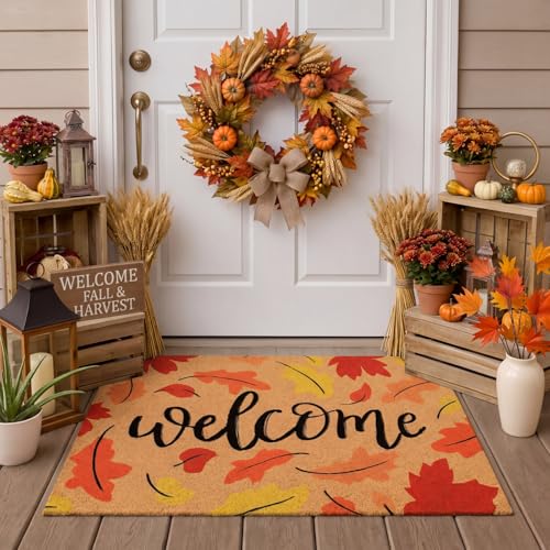 Tinideya Fall Welcome Door Mat Outdoor Autumn Maple Leaves Doormats 17 x 29 Inch Orange Imitation Coir Entryway Rugs Harvest Thanksgiving Mat for Fron