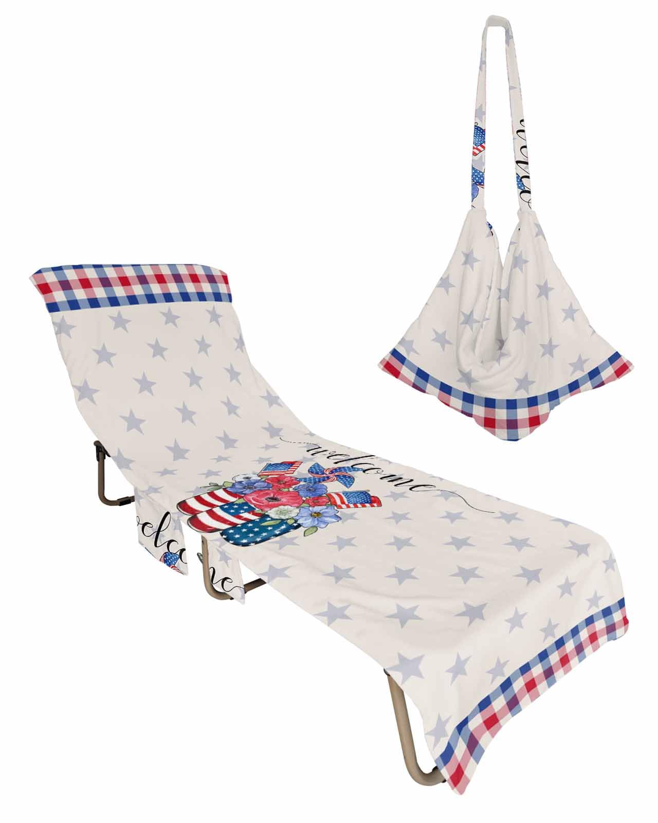 Patriotic Vase Floral Beach Chair Towel Covers for Chaise Lounge with Side Pocket, Soft Plush Pool Towels Cover for Patio Sunbathing Outdoor 29''x85'' 4th of July Memorial Day Lattice