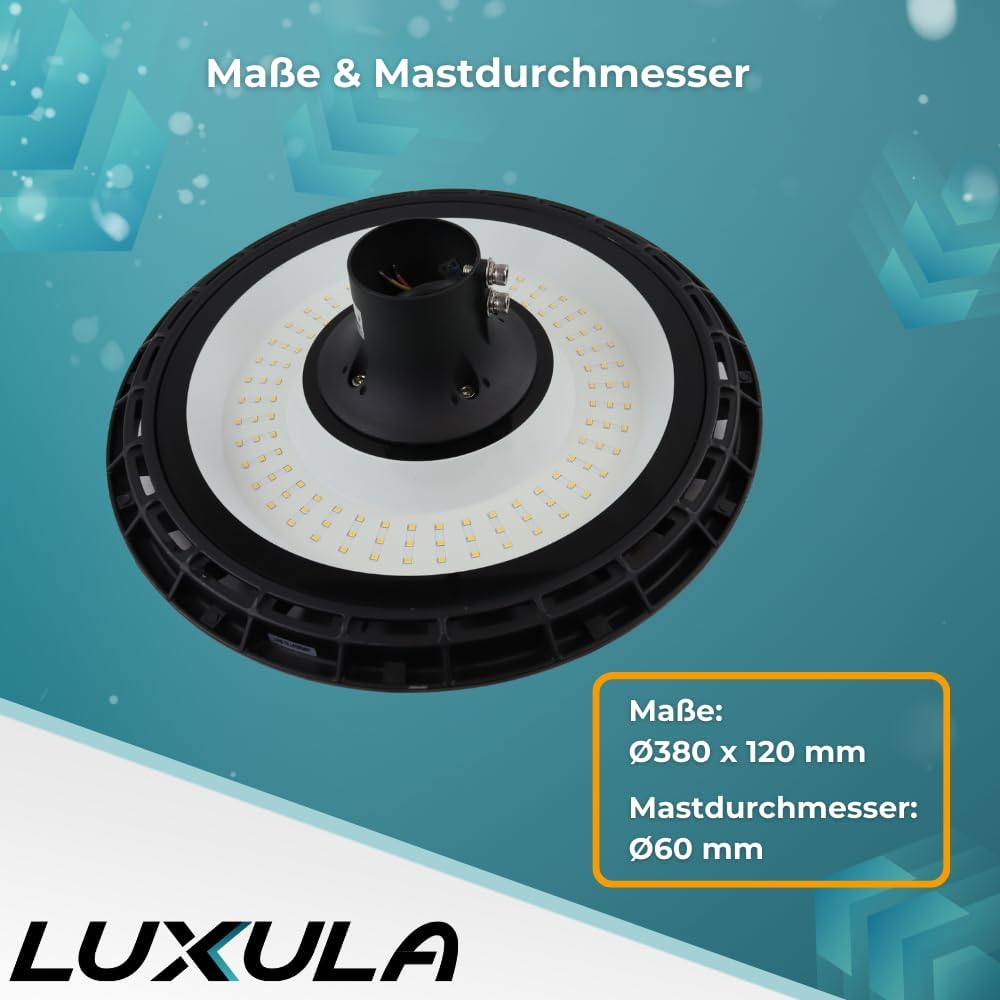 LUXULA LED Straßenlaterne rund 120W 12000lm 3000K IP65, Außenleuchte für Mast Ø60mm, wetterfeste Straßenlampe warmweiß, Mastleuchte außen für Parkplatz Garten, robuste Außenbeleuchtung