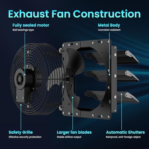 Image of HG Power 10 Inch Shutter Exhaust Fan, 647CFM Quiet Garage Exhaust Fan with 8 Foot Long ON /OFF Switch Cable for Chicken Coop, Shed, Basement, Gable, Kitchen, Attic Ventilation Use, Black