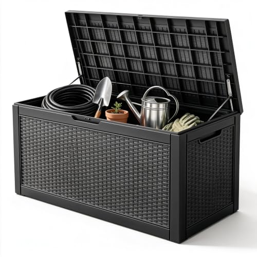 Image of 130 Gallon Deck Box,Lockable Outdoor Storage Box Gas Lift,Waterproof,Black | Package delivery box for outside, outdoor bench with lid, holds patio cushions, gardening tools, dock storage for patio