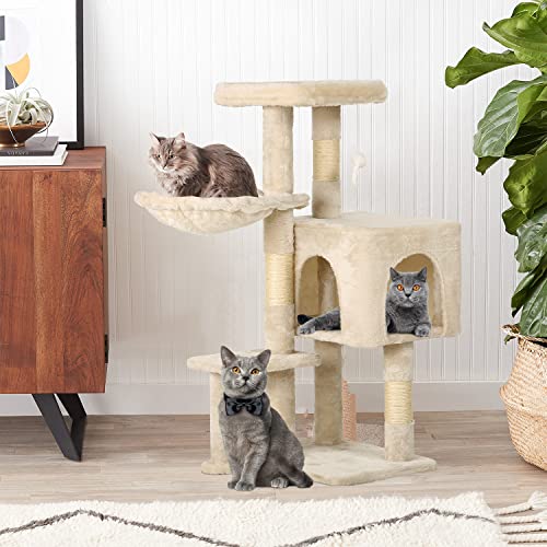 Image of BestPet | 37 inch Cat Tree Tower | Beige | Sturdy Multi-Level Cat Tree with Plush Condo, Cozy Perch, Sisal Scratching Posts, Hanging Toy and Hammock | Easy Assembly | for Kittens & Adult Cats