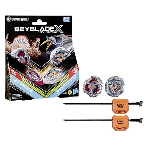 Image of Beyblade X Jurassic World Collab Spinosaurus vs. Quetzalcoatlus Multipack Set, 2 Takara Tomy Tops, 2 launchers, Battling Tops Game, Dinosaur Toys, Ages 8+