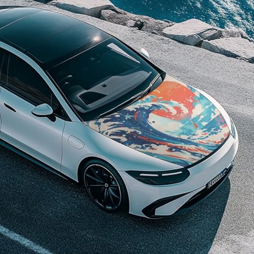 Image of Ukiyo-e Great Wave Car Hood Covers for Automobiles, Retro Aesthetic Art Sea Wave Sunset Elastic Fabric for Car Hood Decoration, Can be Washed Auto Accessories