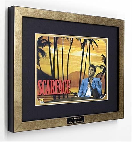 Scarface Movie Memorabilia Al Pacino as Tony Montana Framed Movie Photo with Plate Custom Made Real Wood Modern Gold Frame (15 1/2 x 12 1/2")