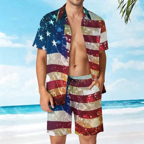 Conjunto de camisa con botones y pantalones cortos para hombre diseño Firework and U.S. Flag 4