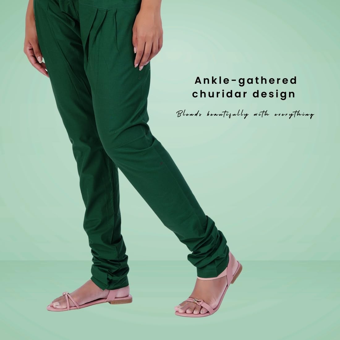 Happy Bunny Women’s Cotton Gathering Churidar Pants - Ethnic Gathereing Ankle, Drawstring Waist Bottoms for Kurtas, Office, Party, Casual Clothing (2XL, Dark Green) - Image 3 thumbnail