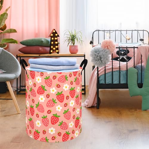 Image of Kids Laundry Hamper Clothes Gift Basket Storage Laundry Baskets Organizer Bin with Handles for Nursery Room (Strawberry)