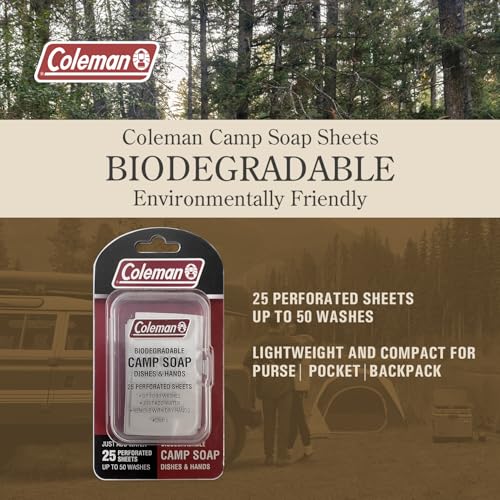 Coleman Camp Soap Sheets – 25 Travel Soap Sheets for Camping, Hiking & Backpacking – Perforated for 50 Washes, Dissolves Instantly in Hot or Cold Water, TSA-Approved for Travel - image 3