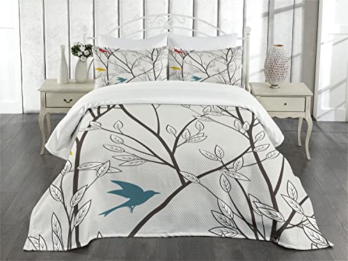 Ambesonne Nature Bedspread, Birds Wildlife Cartoon Like Image With Tree Leaf Art Print, Decorative Quilted 3 Piece Coverlet Set With 2 Pillow Shams, King Size, Mustard Maroon #TOP1