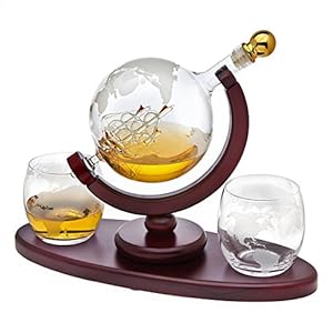 Whiskey Decanter Globe Set with 2 Etched Whiskey Glasses – for Liquor Scotch Bourbon Vodka, Gifts For Men – 850ml