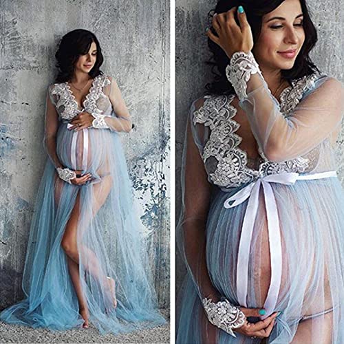 LIUguoo Maternity Dresses for Photography Long Sleeve Lace Trim Gown Mesh Split Front Maxi Pregnancy Dress Baby Shower Dress Blue - Image 3