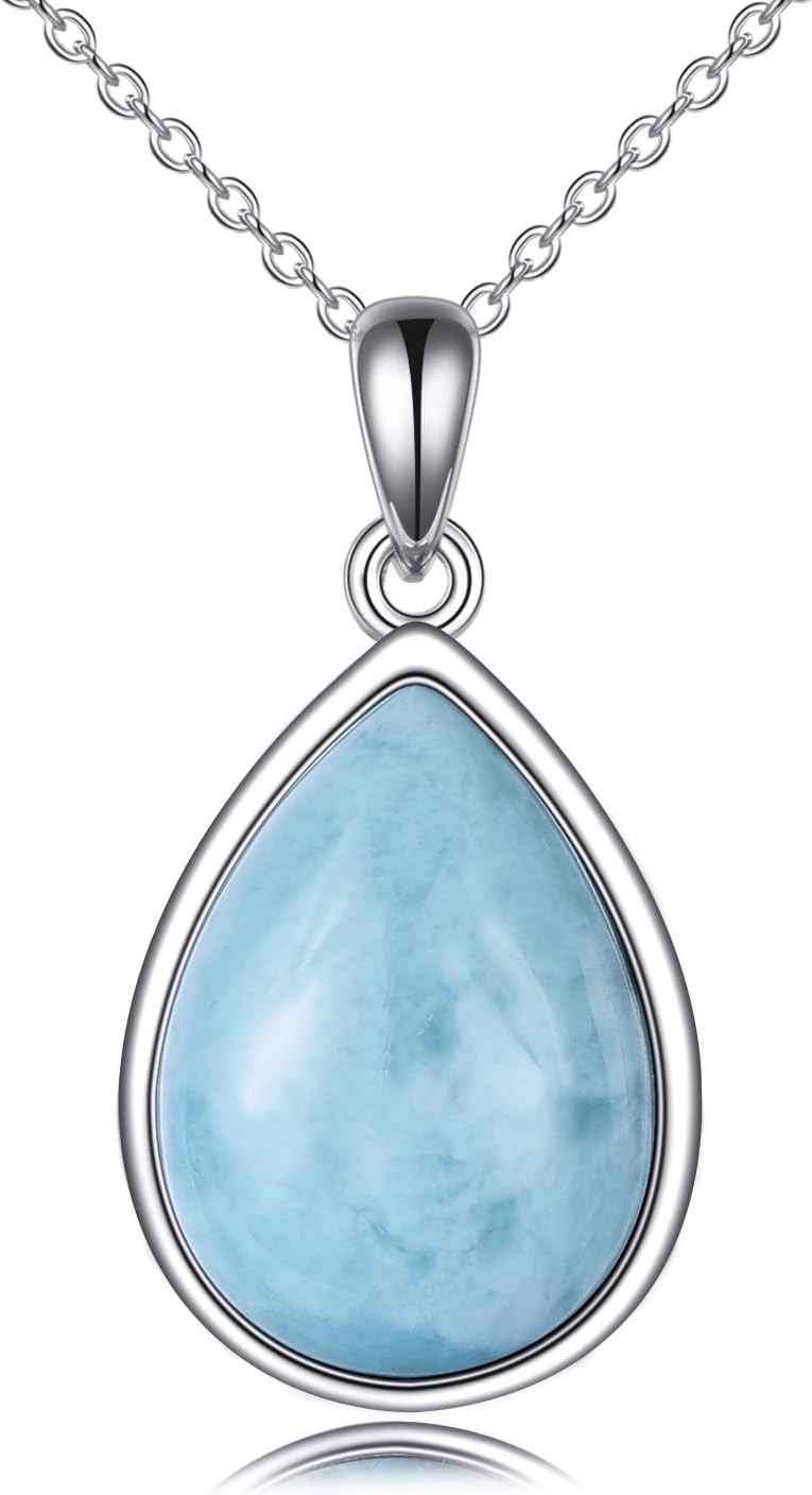 CRMAD Larimar/Opal/Lapis Lazuli/Tourmaline/Malachite/Labradorite/Turquoise/Onyx/Rose Quartz/Amber/Peridot Necklace for Women 925 Sterling Silver Teardrop Pendant Jewelry Gifts