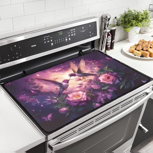 Image of Hummingbird Rose Stove Top Covers for Electric Stove, Heat Resistant Silicone Insulation Mat for Glass Top Burner, Anti-Slip Dish Drying Mats for Kitchen, Thick Induction Cooktop Protector