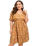 ShopWonder Womens Plus Size V Neck Batwing Sleeve Empire Waist Shift Dress Floral Print Boho Mini Dr