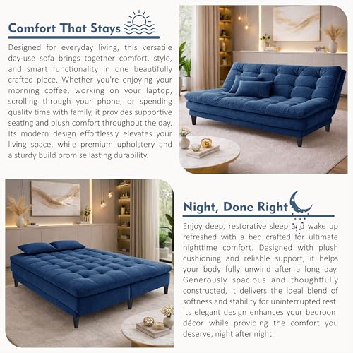 Image of Modern 3 Seater Sofa Cum Bed | Tufted Backrest | Velevt Fabric Upholstery | Living Room Furniture-Blue