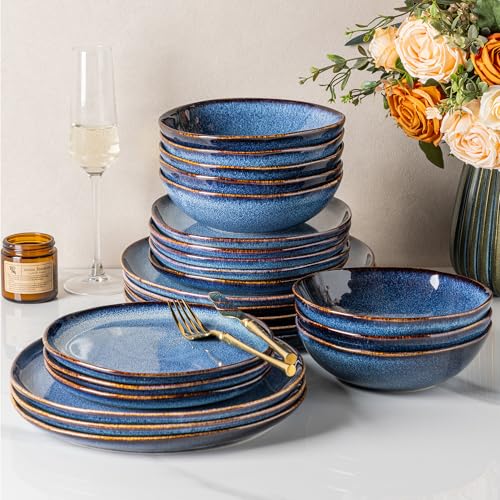 Image of GBHOME Stoneware Dinnerware Sets for 8, 24 Pieces Rustic Ceramic Plates and Bowls Set, Handmade Reactive Glaze Plate Sets, Highly Chip Resistant Dishes, Microwave & Dishwasher Safe, Sea Blue