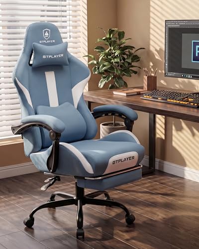 Image of GTPLAYER Gaming Chair with Foot Rest & Pocket Spring Cushion, Ergonomic High Back Computer Desk Chair with Headrest & Lumbar Support for Back Pain Relief, Breathable Fabric, Blue