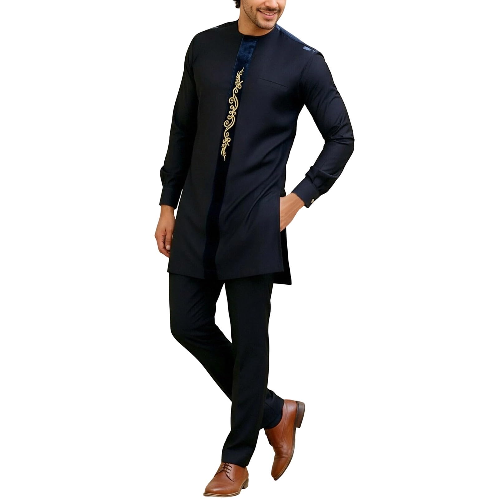 DASONLUE Long Sleeve Shirt and Trousers Outfit 2-Piece Set Traditional Dashiki for Men Slim Fit African Suit Wedding Evening Wear Ethnic Style Leisure Suit, navy, XL