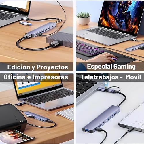Hub USB C 7 en 1, Adaptador USB C con USB 3.0 + 2 Tipo C, Carga PD 100W, 5 Puertos USB 3.0, USB C Hub Multipuerto para Portátiles, Compatible PC, Tableta, MacBook Air/Pro, iPad Pro, iPhone 16 Pro MAX - imagen 6