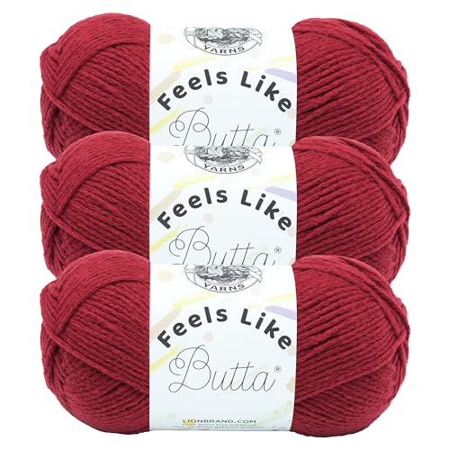 Image of Lion Brand Yarn, Feel Like Butta Velvety Soft Yarn for Knitting, Crochet, and Crafts, Cranberry, 3 Pack, Chenille Like Fiber for Plush Baby Blankets, Amigurumi Toys, and Worsted Weight Sweaters