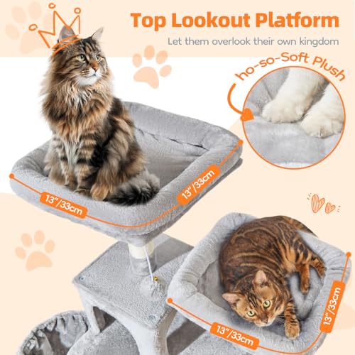 Image of Taoqimiao Large Cat Tree, 73 in Tall Cat Tower with 2 Plush Big Cat Condos | 9 Scratching Posts, 2 Top Perches, Cozy Hammock & Basket, Indoor Cats, 2 Pompoms & Mouse Toy, Light Gray, MS013XLW