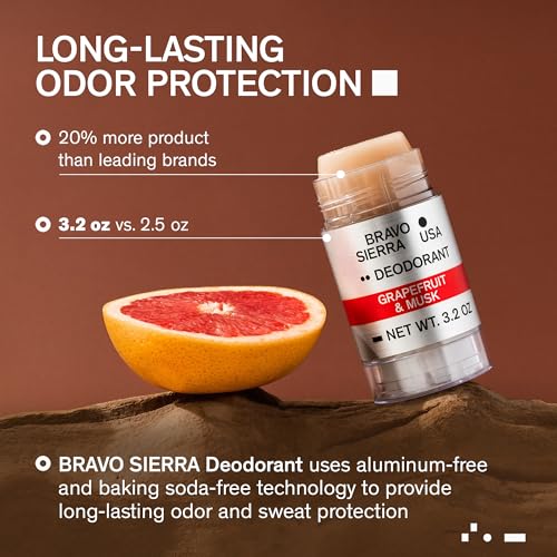 Image of Bravo Sierra Aluminum-Free Mens Deodorant - Antiperspirant for Men, 1-Pack | Natural Ingredients for Long Lasting All-Day Odor & Sweat Protection - Grapefruit & Musk - Baking Soda Free & Cruelty-Free