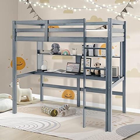 RELAX4LIFE Bunk Bed High Sleeper, Pine Wood Loft Bed Frame with Desk, Shelf, Side Ladder & Safety Guardrail, Perfect for Kids, Junior, Teens, Adults, 3ft Single (Grey) Cover